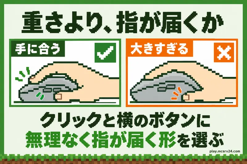 手に合うマウスと大きすぎるマウスの比較。クリック部分と横のボタンに無理なく指が届く形を選ぶ