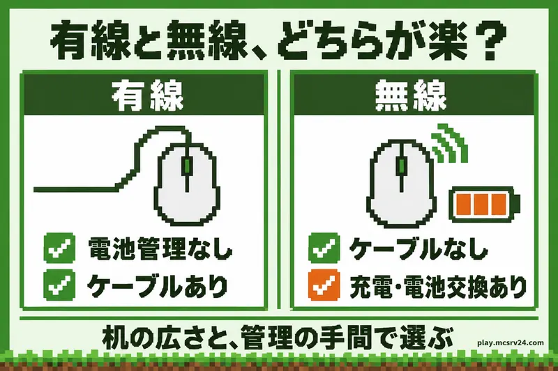 有線は電池管理が不要だがケーブルがあり、無線はケーブルがないが充電や電池交換が必要という比較