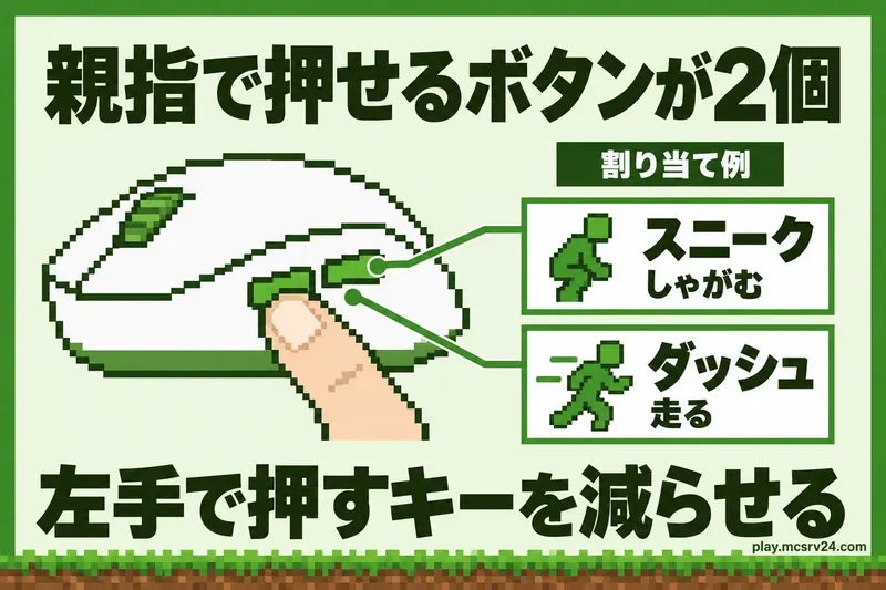 マウス左側面の2個のサイドボタンを親指で押し、スニークとダッシュを割り当てる例