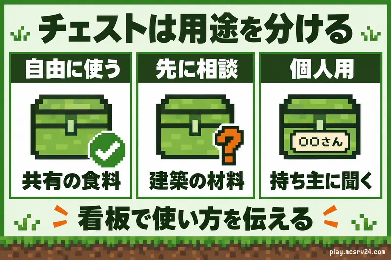 チェストを自由に使う共有食料、先に相談する建築材料、持ち主に聞く個人用に分け、看板で用途を伝える例