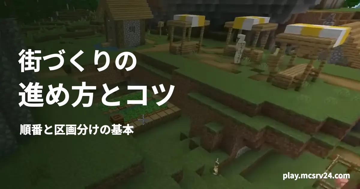村の建物と畑を背景に、街づくりの・進め方とコツ・順番と区画分けの基本の見出しを重ねた画像