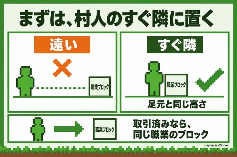 職業ブロックを遠くに置いた状態と、村人の足元と同じ高さのすぐ隣に置いた状態の比較。取引済みなら同じ職業のブロックを使う