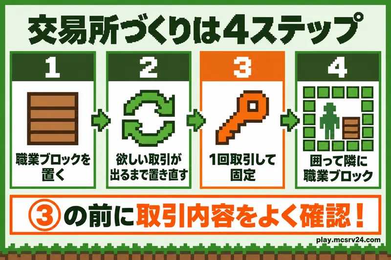 交易所づくりの4ステップの図解。職業ブロックを置く、欲しい取引が出るまで置き直す、1回取引して固定、囲って隣に職業ブロックを置く